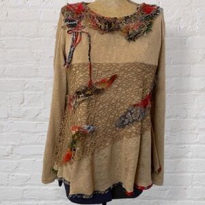 Z Ba Beige Abstract Floral Crochet Long Sleeve Round Neck Loose Relaxed Fit Top